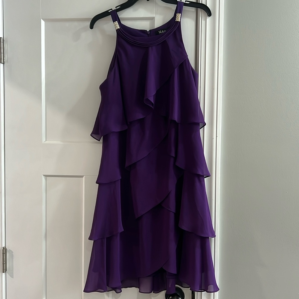 Purple layered look; very flattering and forgiving cocktail dress